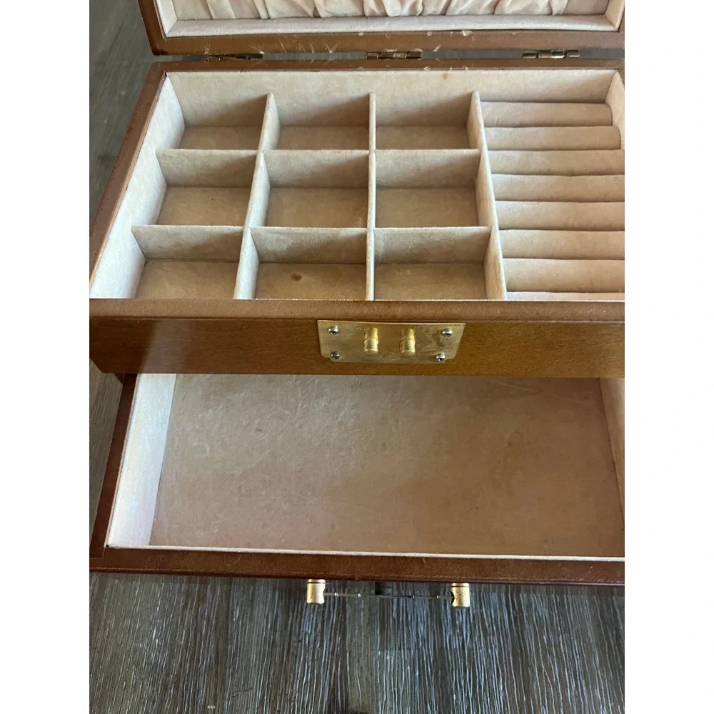 Vintage Burl Wood Jewelry Box Chest Brass Hardware 2 Drawers Necklace Hooks 10in
